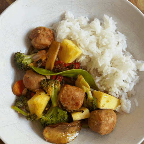 15 Minute Trader Joe's Recipe - Soyaki Pineapple Teriyaki Chicken Meatballs with Stir-fry Veggies and Rice