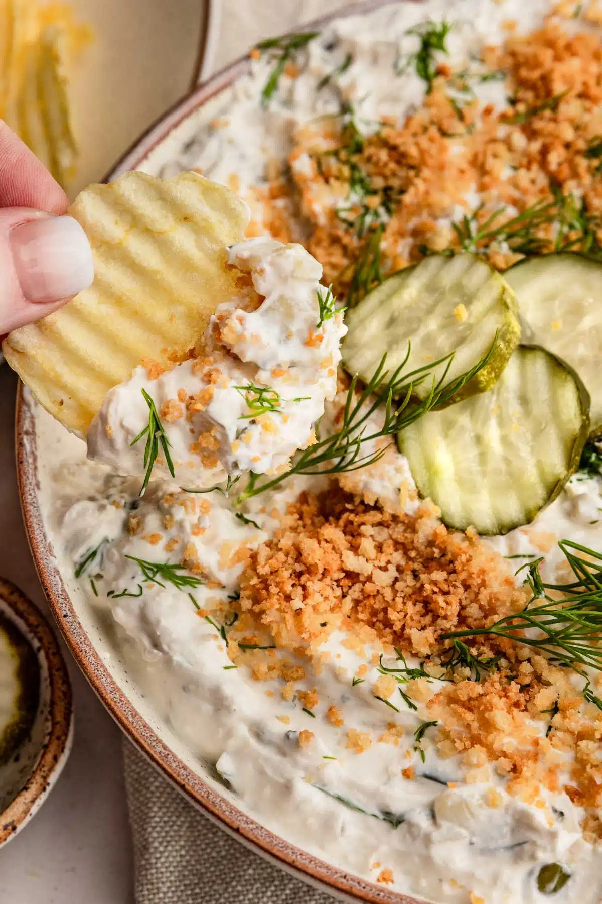 Easy Fried Pickle dip and potato chips.