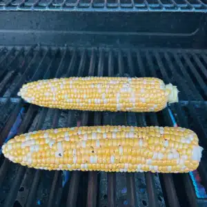 Corn cooking on an open grill.