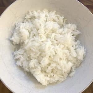 Cooked white rice in a bowl.