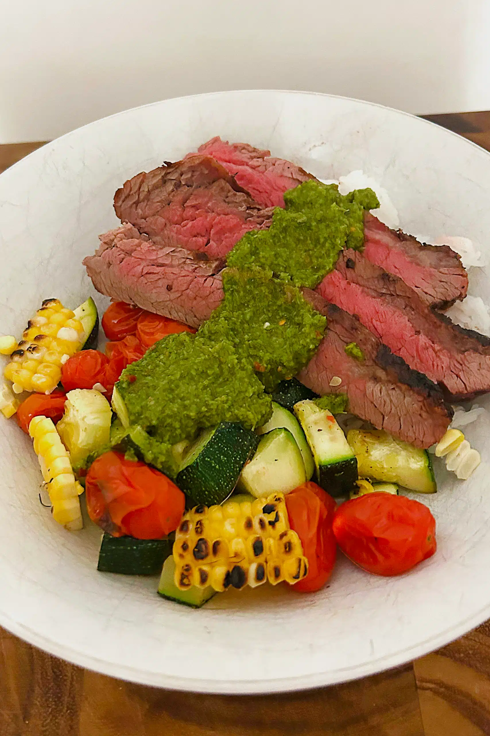 Trader Joe's Chimichurri Steak Recipe with Lemon Rice, Zucchini, Tomatoes, and Grilled Corn