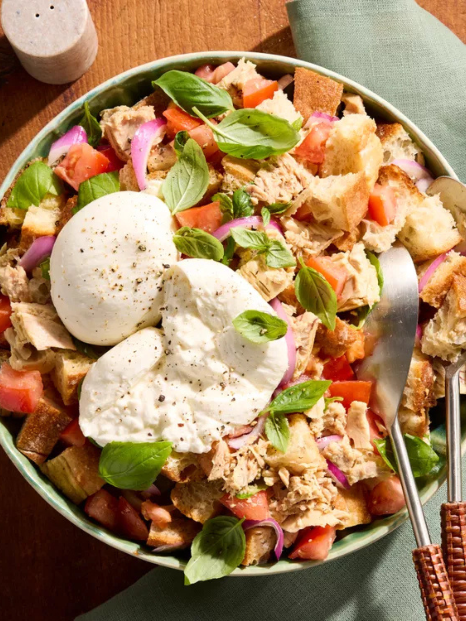 Panzanella Salad with Burrata and Tuna - No Cook Dinner Idea